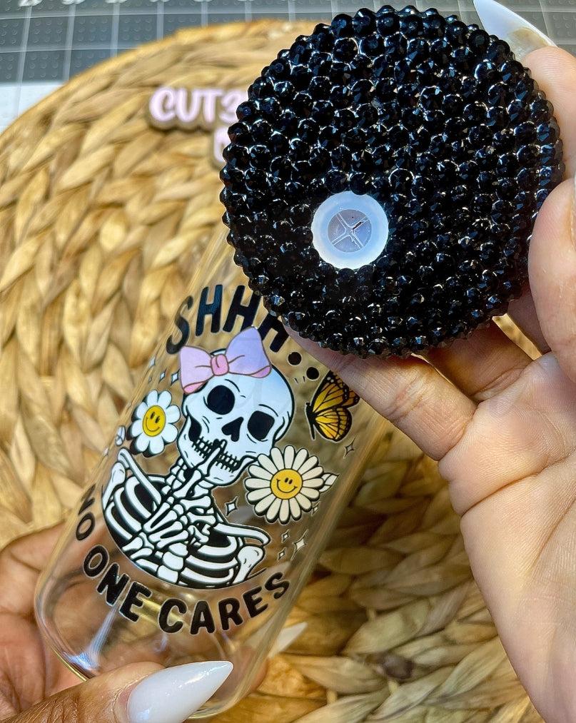 Black Rhinestone Custom Bamboo Lid For 16oz Glass Cup
