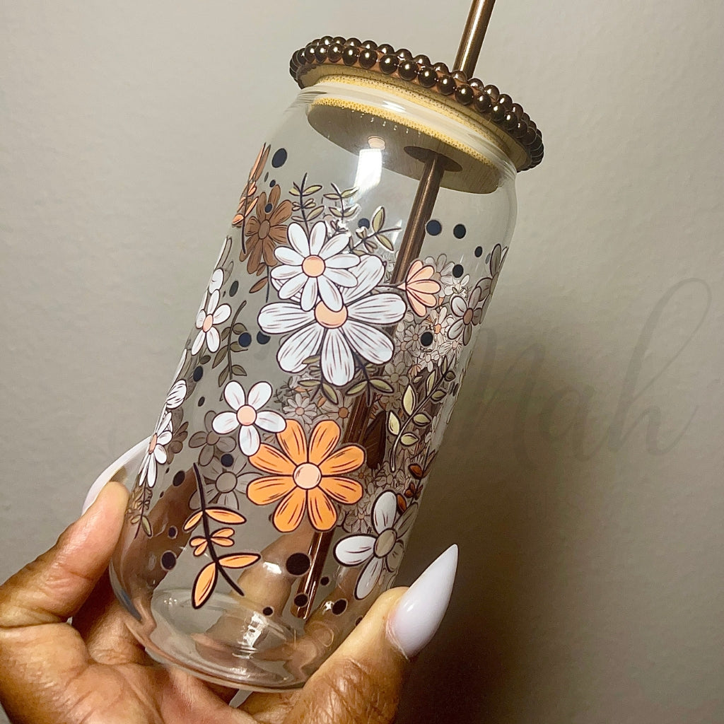 Floral Skull 16 OZ Glass Can