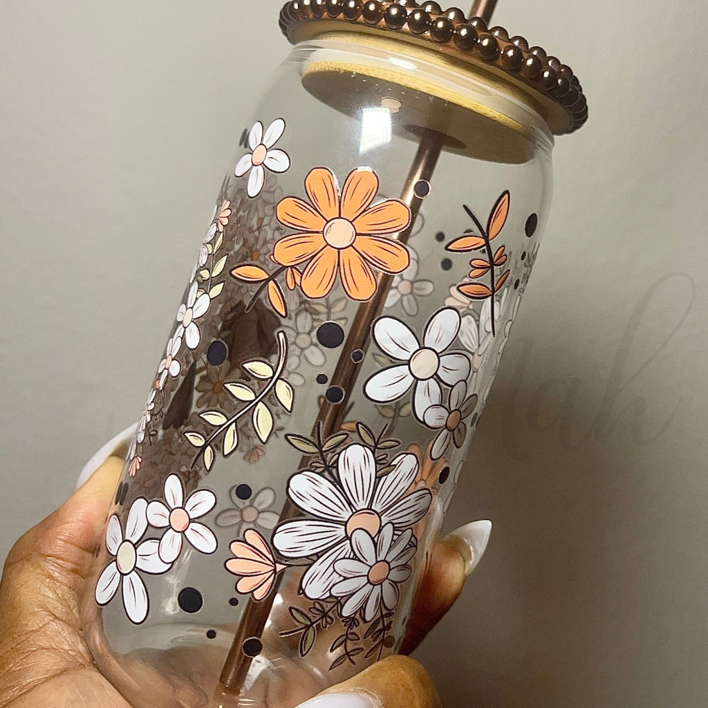 Floral Skull 16 OZ Glass Can