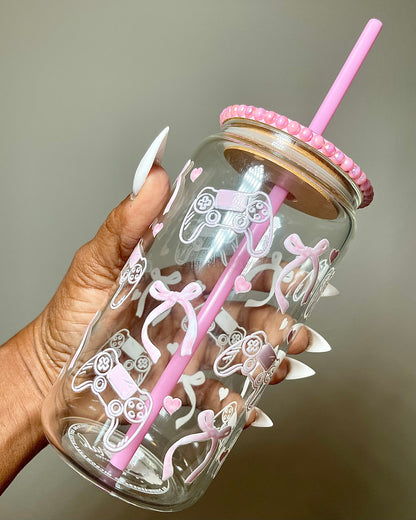 Pink Girly Gamer 16 OZ Glass Cup