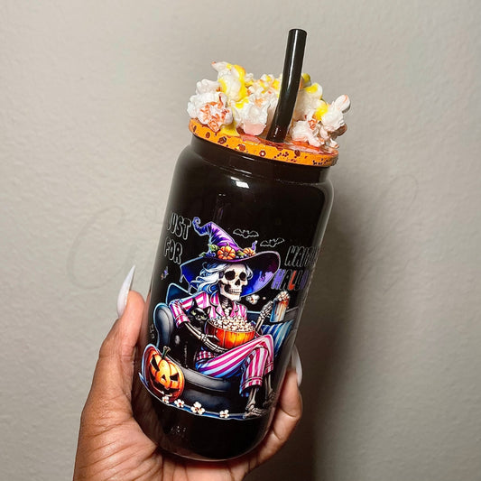 Just Waiting For Halloween Black 16 OZ Glass Can