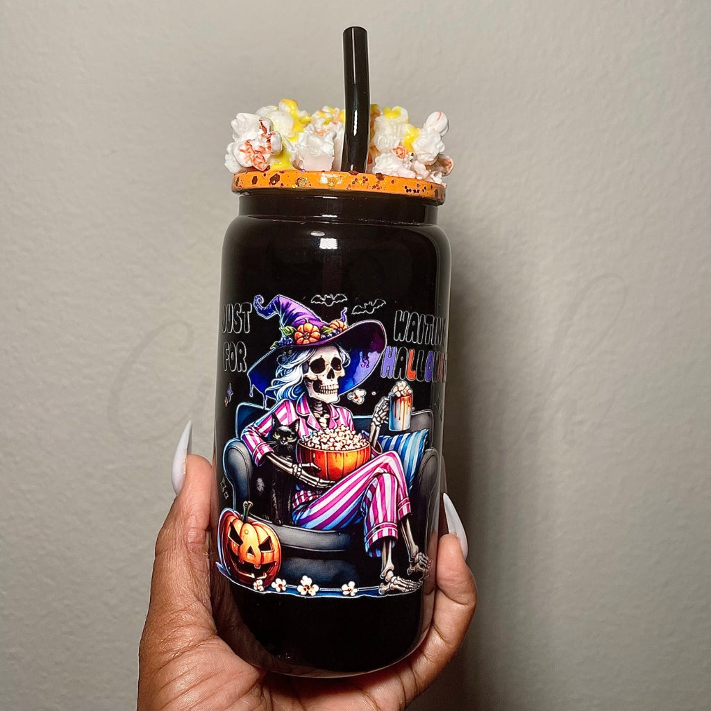 Just Waiting For Halloween Black 16 OZ Glass Can