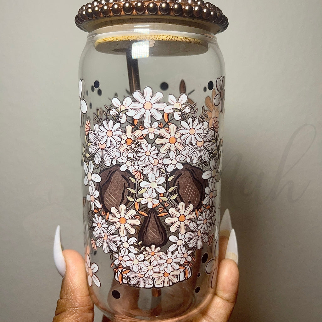 Floral Skull 16 OZ Glass Can