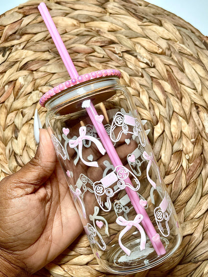 Pink Girly Gamer 16 OZ Glass Cup