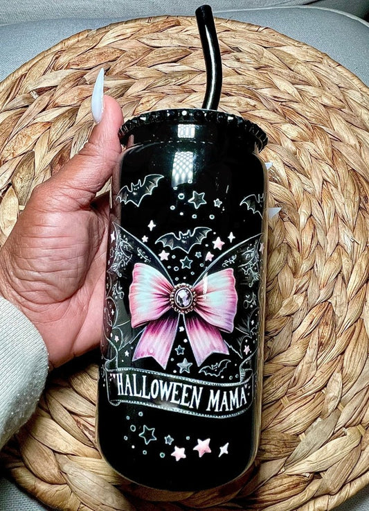 Halloween Mama Black 16 OZ Glass Can