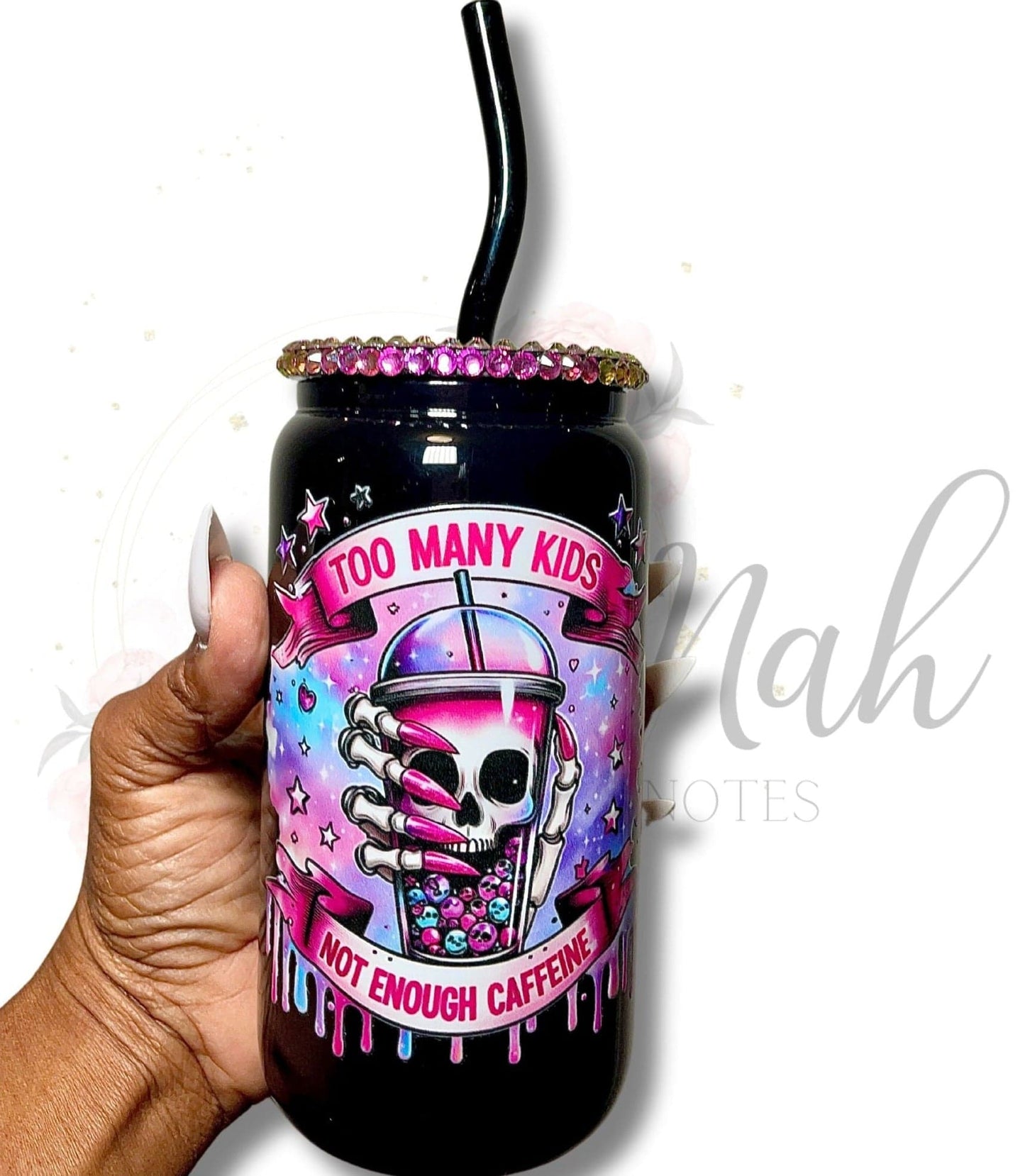 Cut3Nah Notes Glass Cup Too Many Kids Black 16 OZ Glass Can