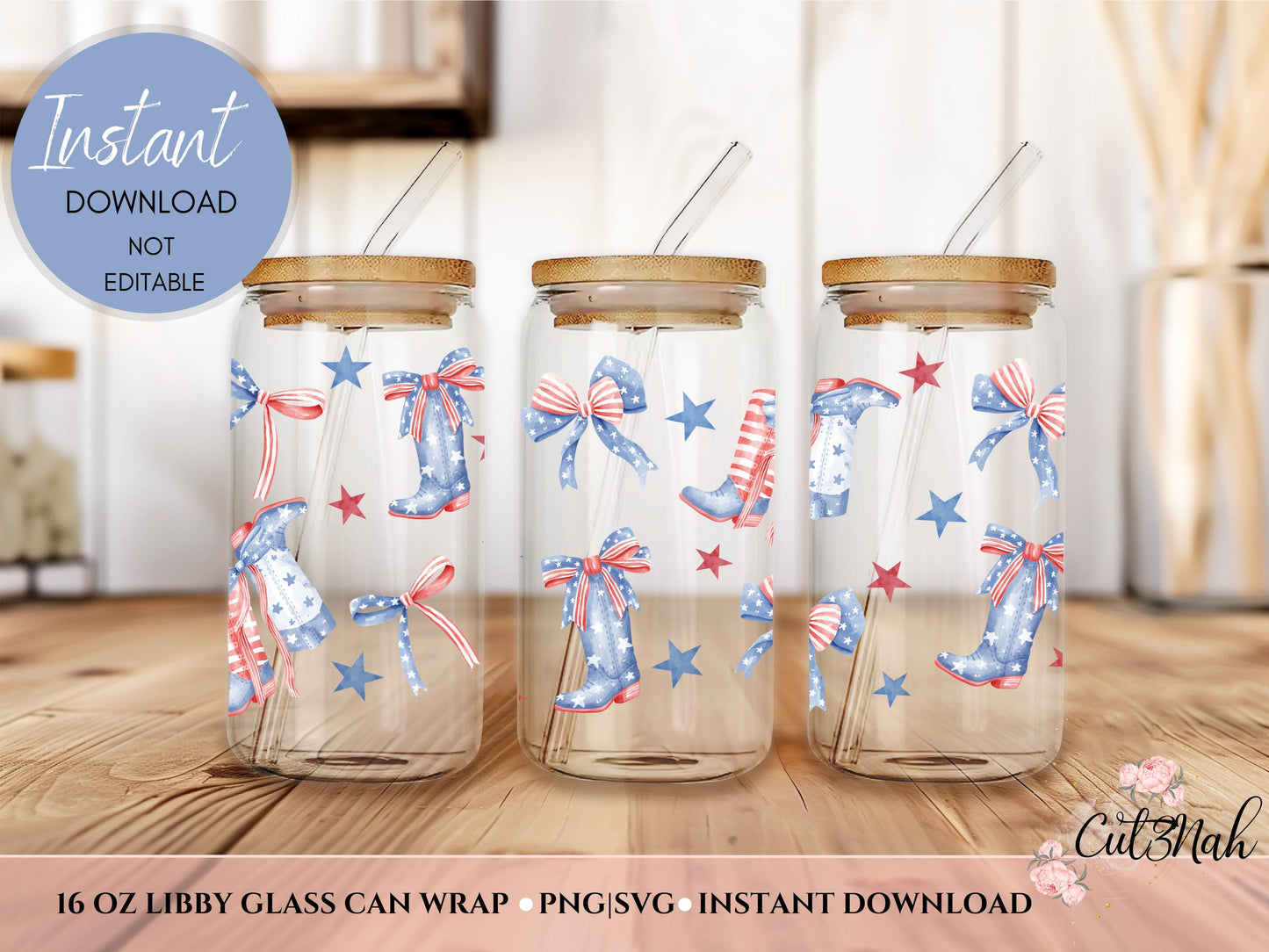 Cut3Nah Notes SVG|PNG FILES 4TH OF JULY BOOTS & BOWS 16 OZ LIBBEY GLASS CAN TUMBLER WRAP TEMPLATE